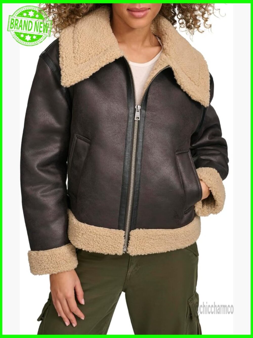 Faux Shearling Aviator Jacket with Sherpa Lining and Pockets